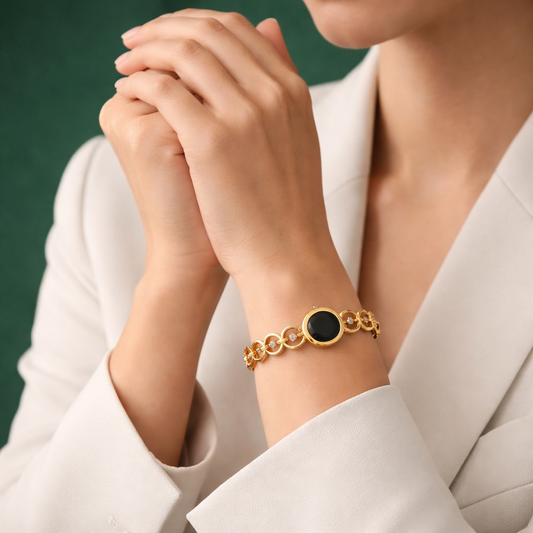 Astria Jewellery Gold Plated Black Stone Bracelet for Women | Designer Circular Link Chain Bracelet with Crystal Accents | Elegant Modern Jewellery Astria Jewellery