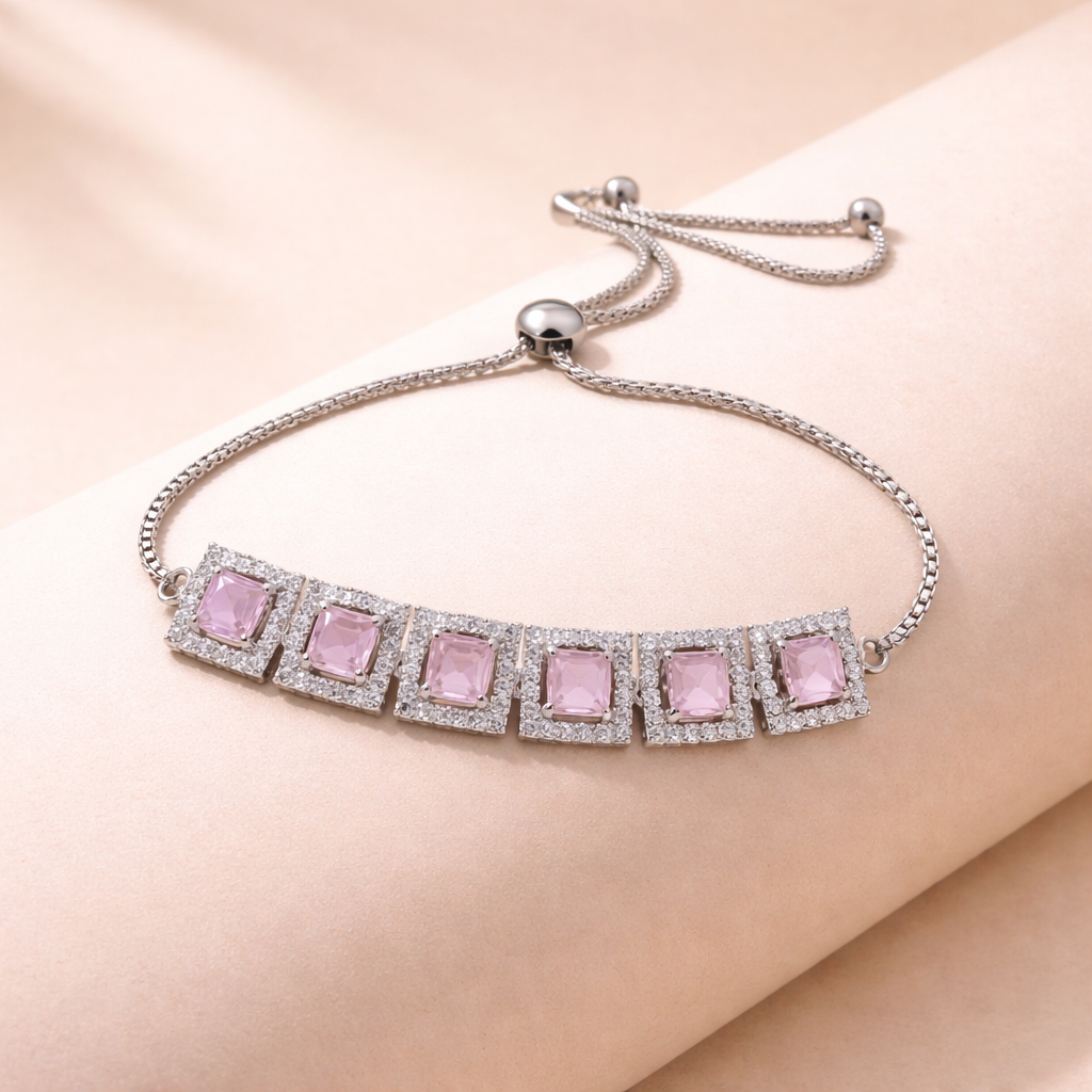Astria Jewellery Silver Plated Pink Stone Adjustable Bracelet for Women | Square Crystal Link Bracelet with Sliding Clasp | Elegant Party Wear Jewellery Astria Jewellery