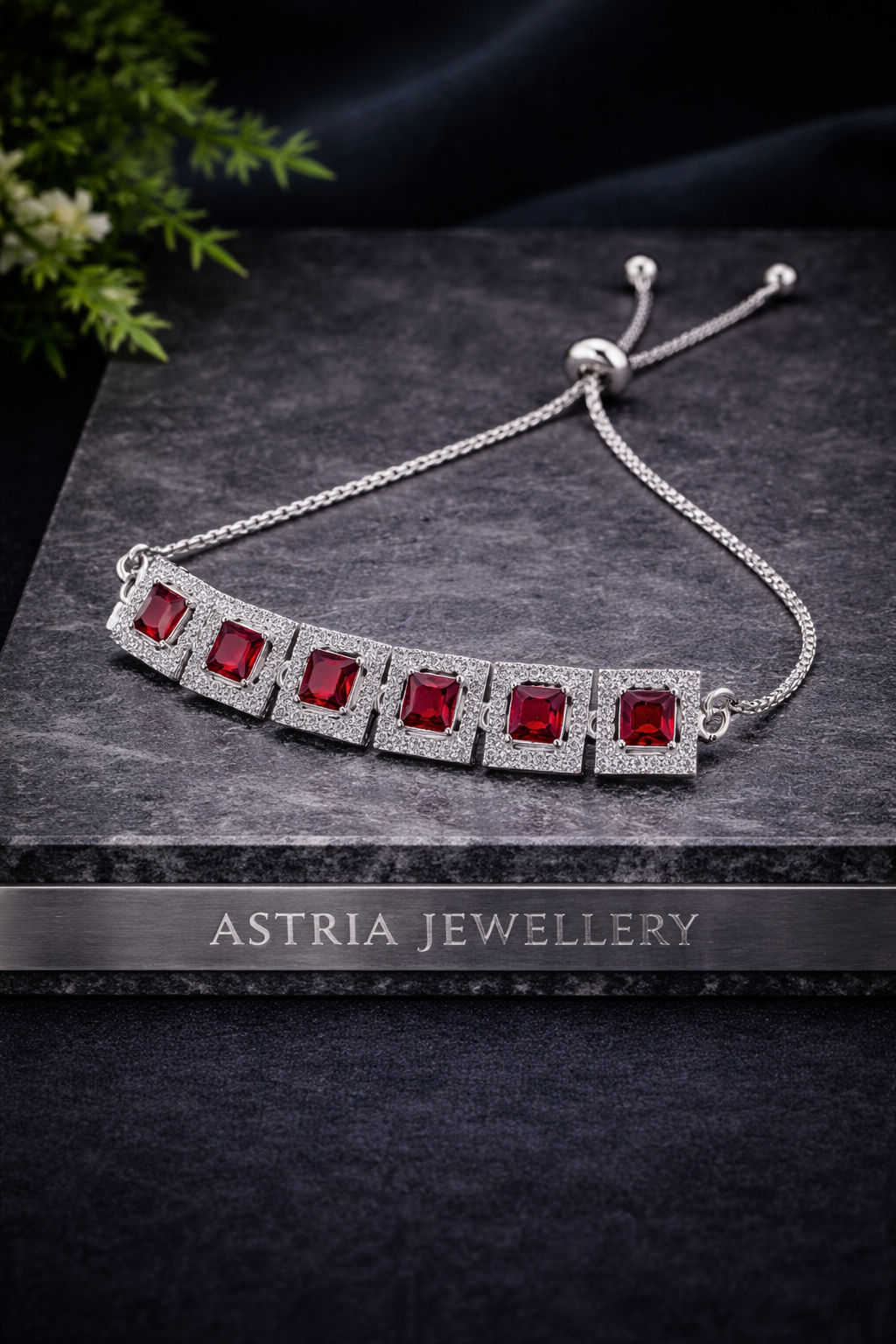 Astria Jewellery Silver Plated Red Stone Adjustable Bracelet for Women | Square Crystal Link Bracelet with Sliding Clasp | Elegant Party Wear Jewellery Astria Jewellery