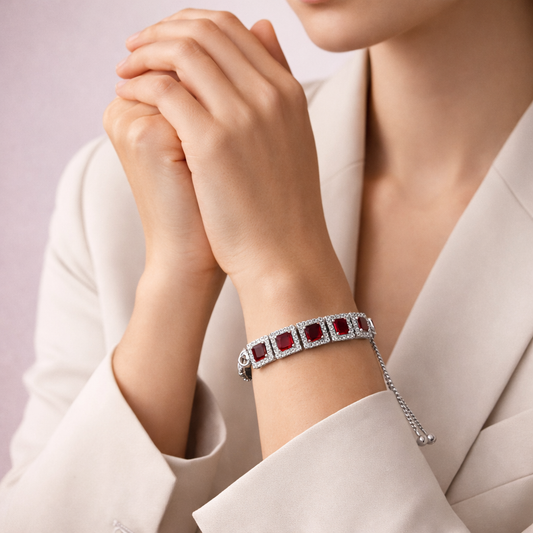 Astria Jewellery Silver Plated Red Stone Adjustable Bracelet for Women | Square Crystal Link Bracelet with Sliding Clasp | Elegant Party Wear Jewellery Astria Jewellery