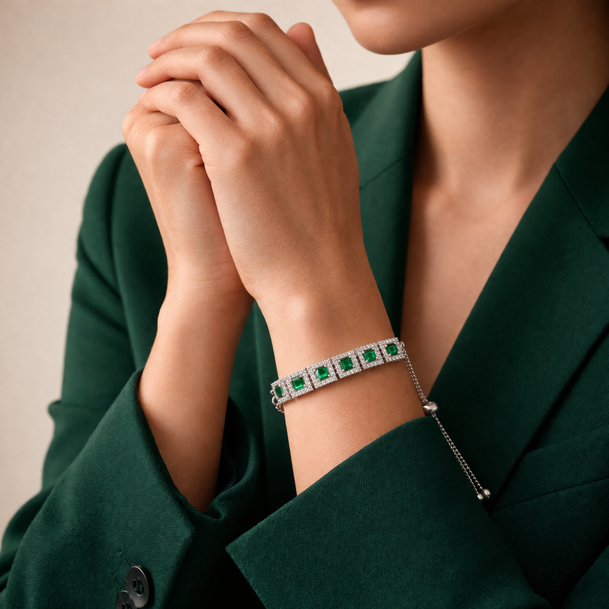 Astria Jewellery Silver Plated Green Stone Adjustable Bracelet for Women | Square Crystal Link Bracelet with Sliding Clasp | Elegant Party Wear Jewellery Astria Jewellery