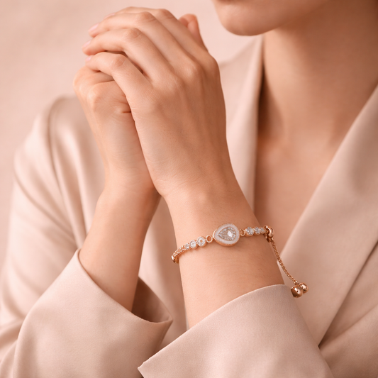 Astria Jewellery Rose Gold Plated Heart Crystal Adjustable Bracelet for Women | Elegant Teardrop Stone Slider Bracelet | Minimal Party Wear Jewellery Astria Jewellery