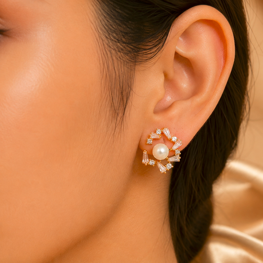 Elegant Gold-Tone Pearl & Crystal Floral Stud Earrings for Women Astria Jewellery