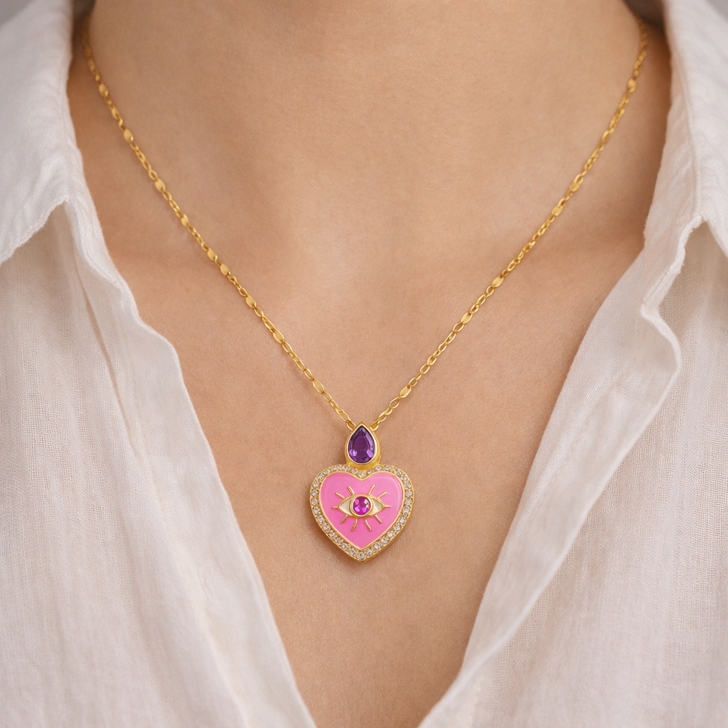 Elegant Pink Heart Charm Necklace with Evil Eye Design ASTRIA JEWELLERY