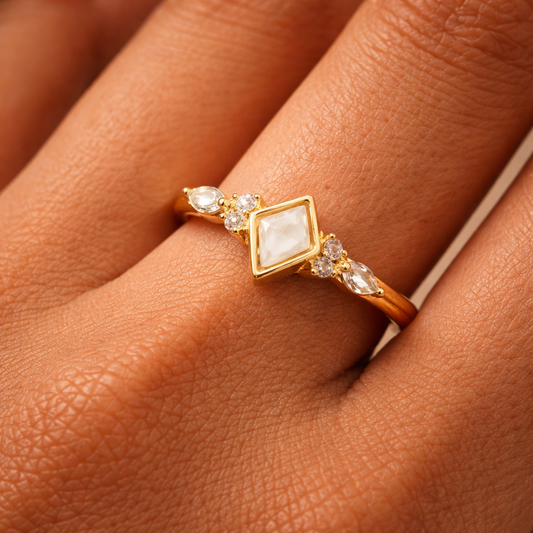 Gold-Plated Geometric Ring for Women – Mother of Pearl -Shape Stone with Crystal Accents | Adjustable Elegant Finger Ring Astria Jewellery
