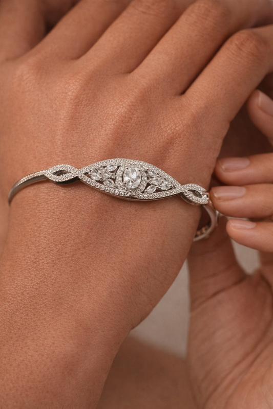 Astria Jewellery Silver Plated Vintage Zircon Cuff Bracelet for Women | Elegant Floral Filigree Design Bangle | Luxury Party Wear Jewellery Astria Jewellery