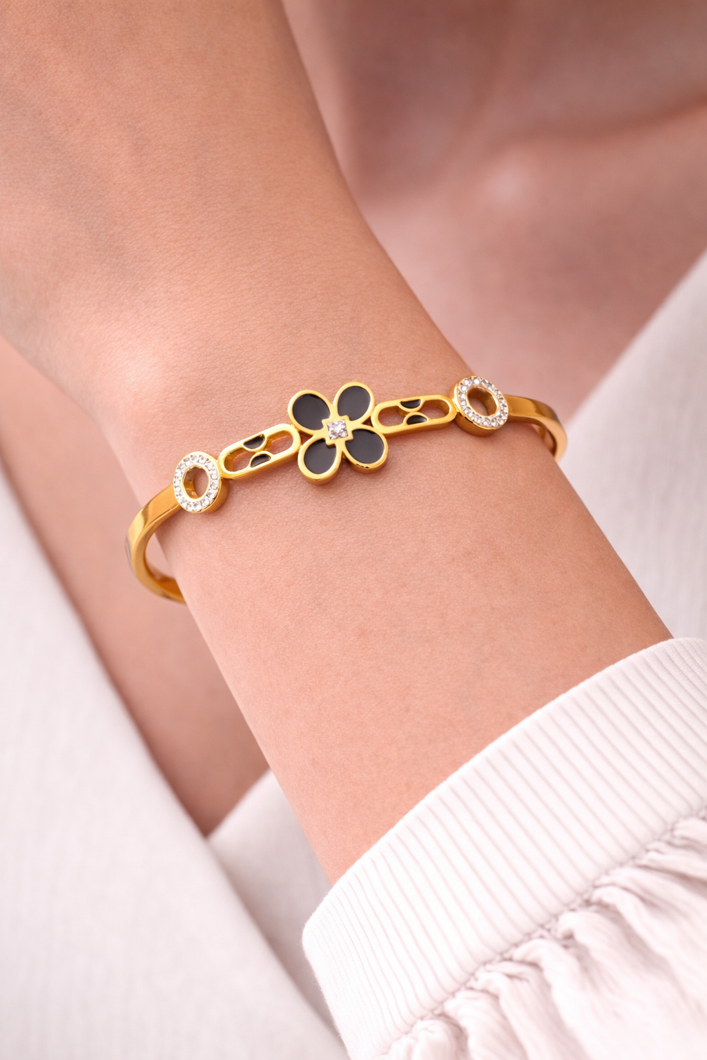 Astria Jewellery Gold-Plated Floral Clover Cuff Bangle with Crystal Accents for Women Astria Jewellery