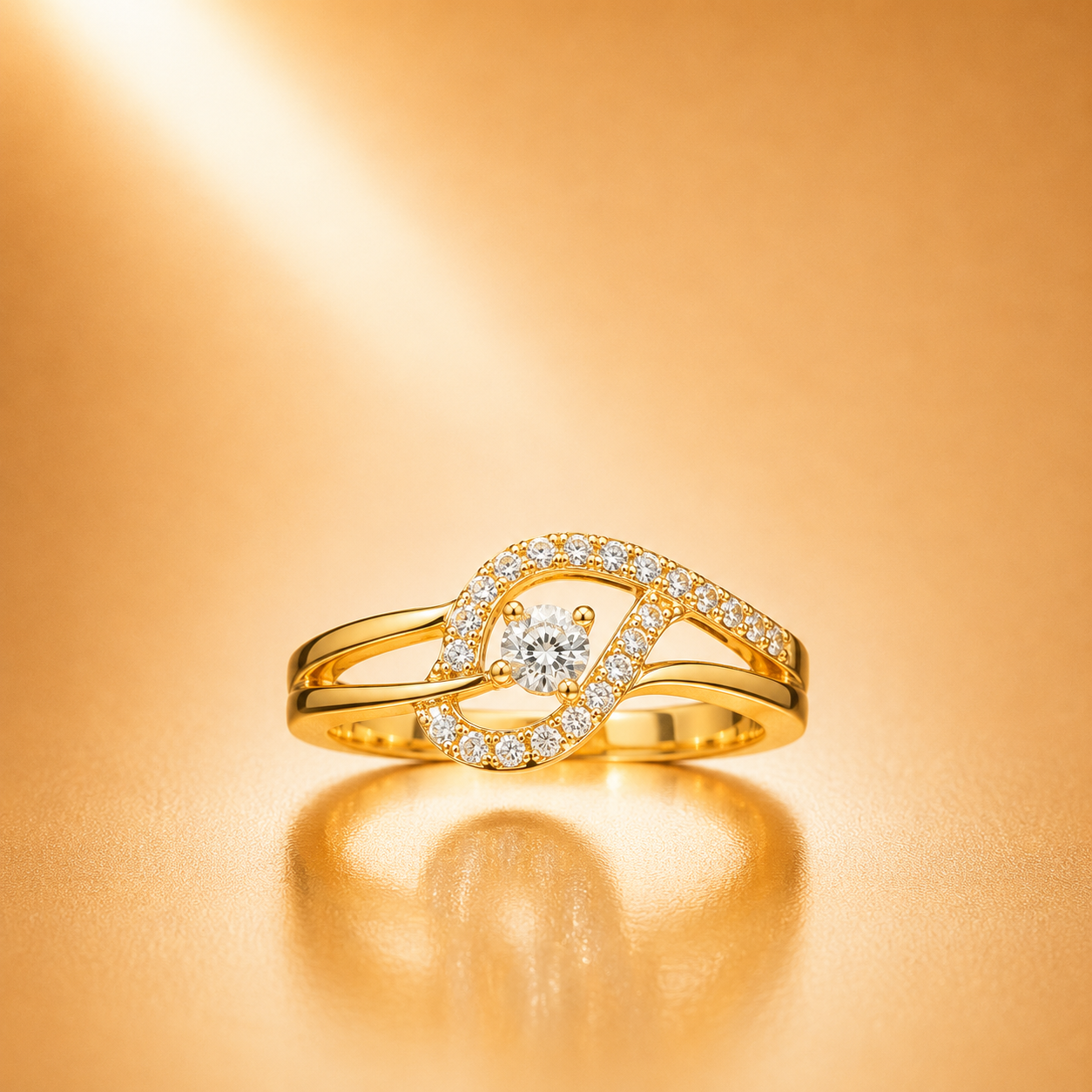 A gold ring with a central round diamond and an openwork halo of small diamonds, displayed on a warm gold reflective surface.