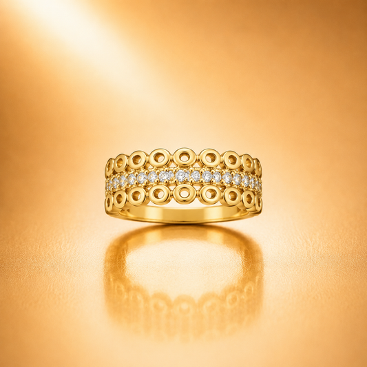Triple Row Circular Pattern Ring for Women | Gold-Plated Cubic Zirconia Statement Ring | Anti-Tarnish Designer Band Astria Jewellery