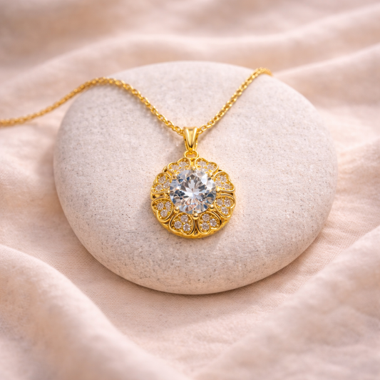 Astria Jewellery Gold Plated Solitaire Zircon Floral Halo Pendant Necklace for Women | Luxury Round Cut Statement Chain | Elegant Daily & Party Wear