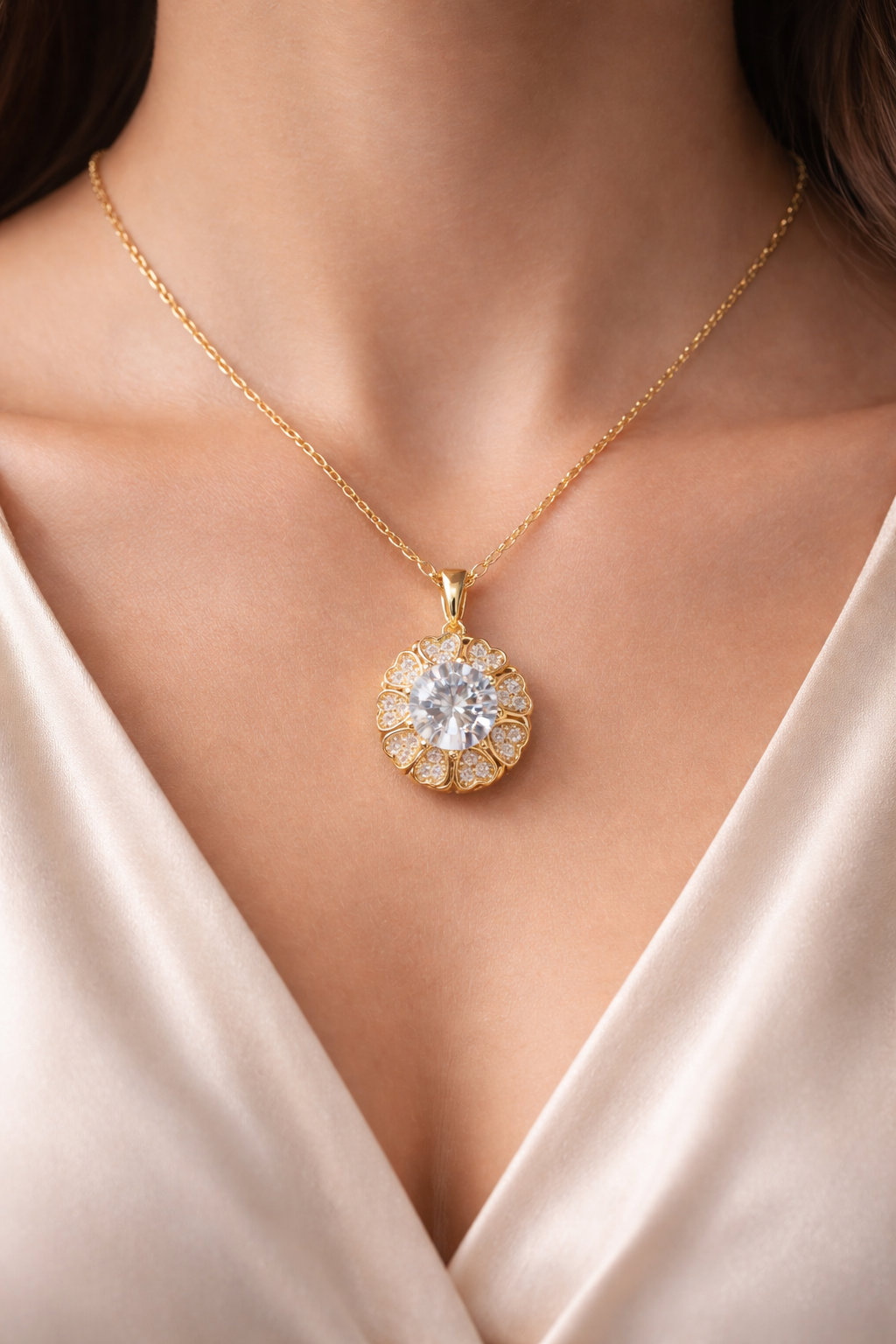 Astria Jewellery Gold Plated Solitaire Zircon Floral Halo Pendant Necklace for Women | Luxury Round Cut Statement Chain | Elegant Daily & Party Wear Astria Jewellery