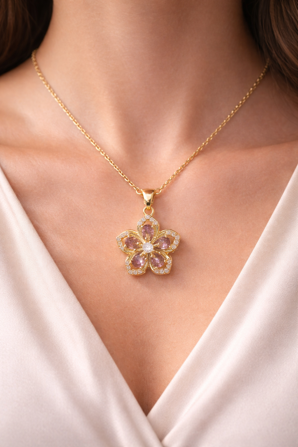 Astria Jewellery Gold Plated Pink Stone Floral Pendant Necklace for Women | Elegant Blossom Design with Zircon Accents | Stylish Daily & Party Wear Chain