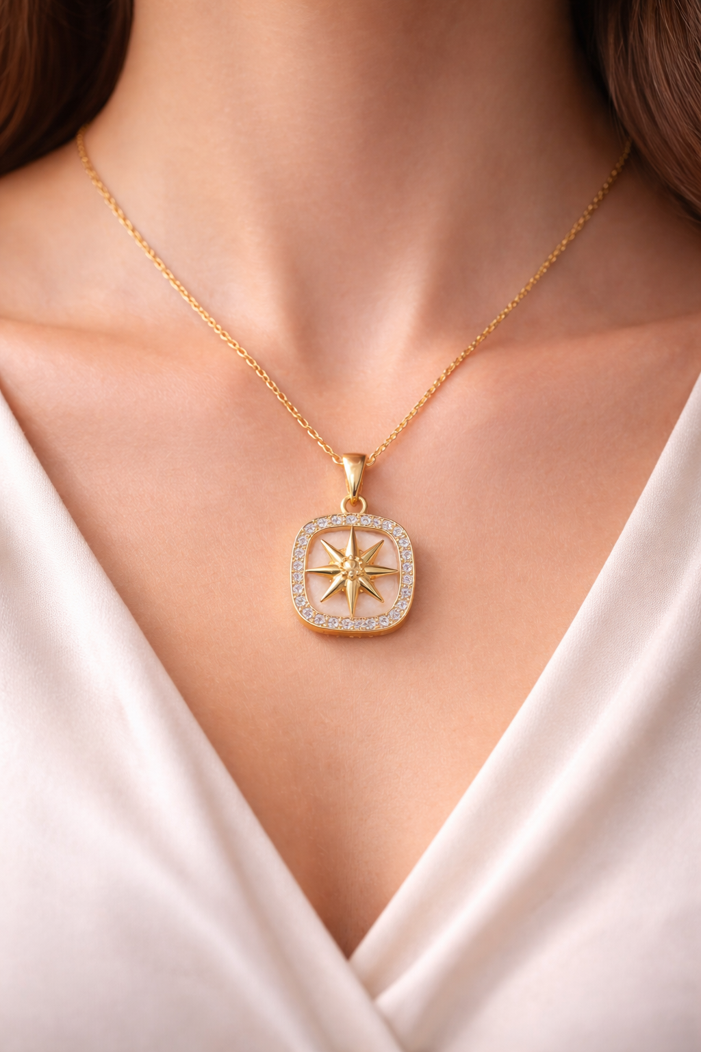 Astria Jewellery Gold Plated North Star Pendant Necklace for Women | Zircon Halo Square Charm Chain | Elegant Minimal Statement Jewellery