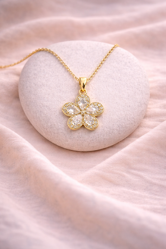 Astria Jewellery Gold Plated Crystal Floral Pendant Necklace for Women | Sparkling Blossom Design with Zircon Halo | Elegant Daily & Party Wear Chain