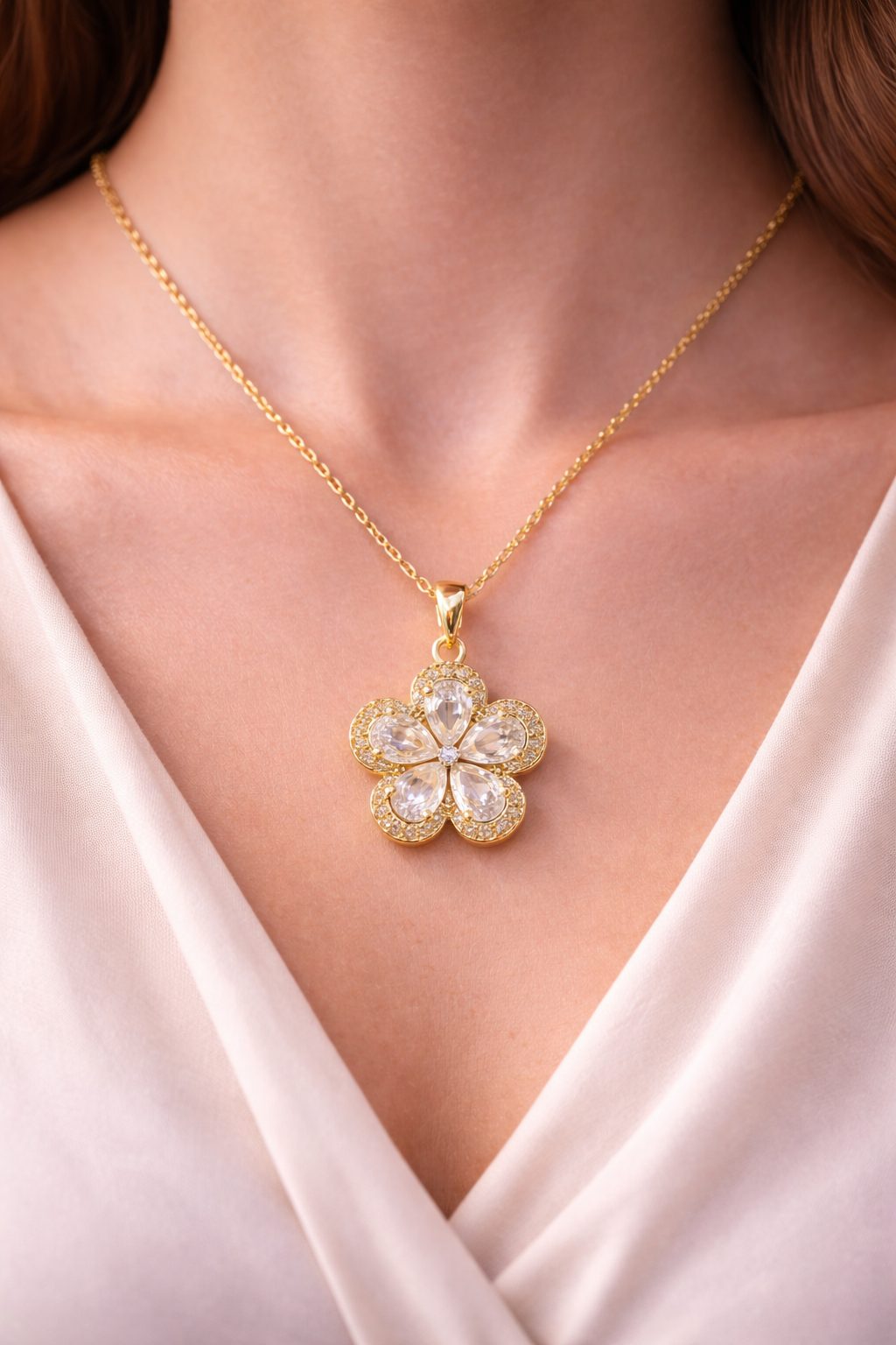 Astria Jewellery Gold Plated Crystal Floral Pendant Necklace for Women | Sparkling Blossom Design with Zircon Halo | Elegant Daily & Party Wear Chain