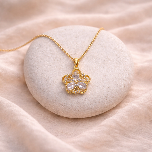 Astria Jewellery Gold Plated Floral Zircon Pendant Necklace for Women | Elegant Blossom Design Chain | Lightweight Daily Wear Jewellery Gift