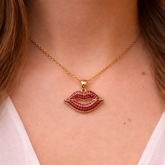 Gold-Plated Red CZ Lips Pendant Necklace ASTRIA JEWELLERY