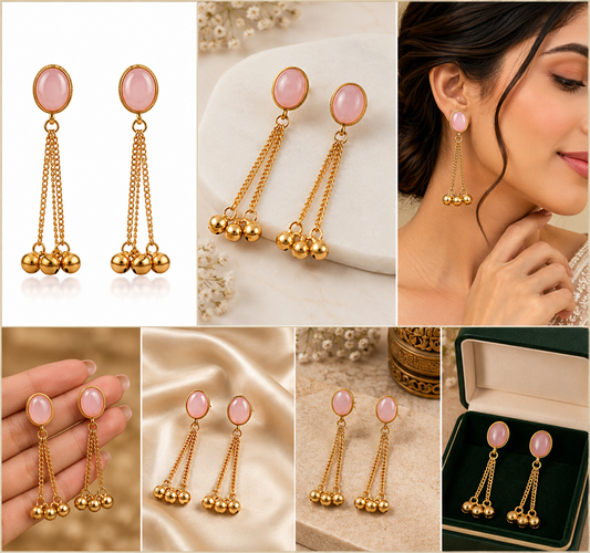 Gold-Plated Pink Stone Studded Long Dangle Earrings with Delicate Chain Drops and Small Ghungroo Bells ASTRIA JEWELLERY