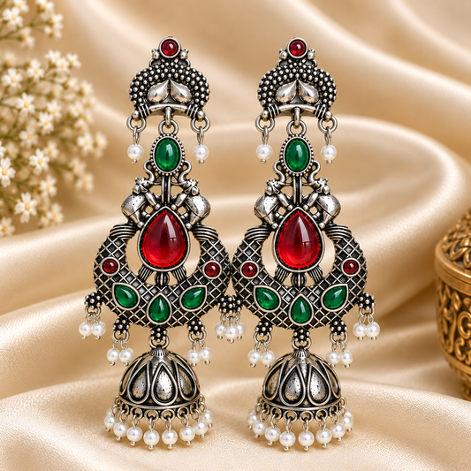 Traditional Oxidized Silver Jhumka Earrings with Red Green Stones & Pearl Drops ASTRIA JEWELLERY