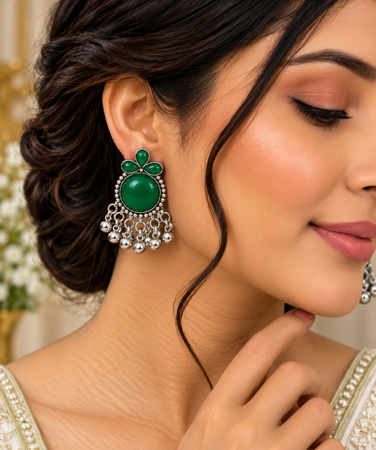 Green Stone Silver Tone Floral Dangle Earrings for Women ASTRIA JEWELLERY