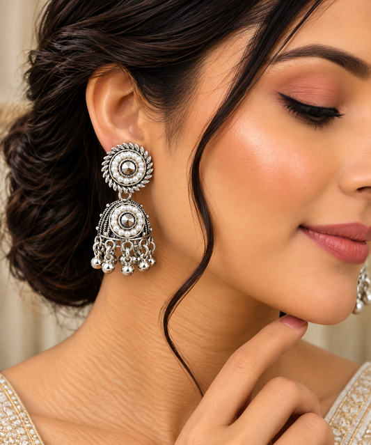 Antique Silver Oxidized Floral Drop Earrings with White Stone Detailing for Women ASTRIA JEWELLERY