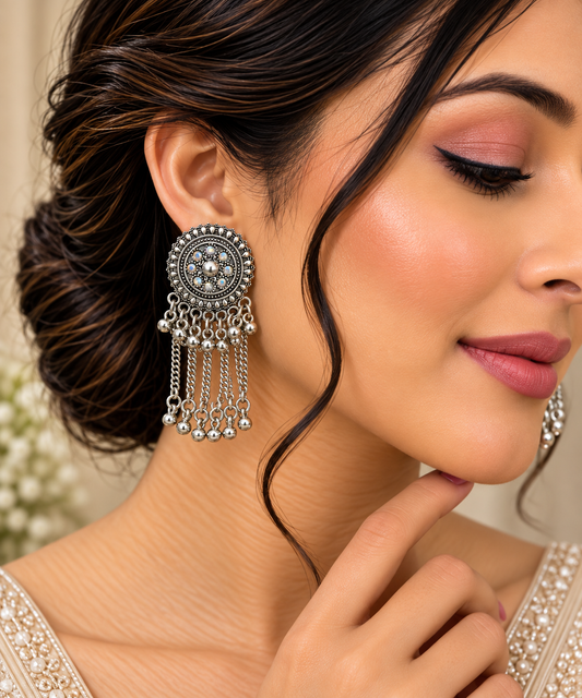 Antique Silver Oxidized Floral Drop Earrings ASTRIA JEWELLERY