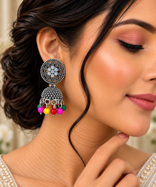 Oxidized Silver Floral Jhumka Earrings with Multicolor Beads ASTRIA JEWELLERY