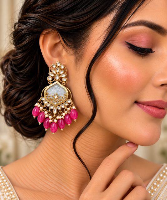 Gold Tone Kundan Chandbali Earrings with White Stones and Pink Beaded ASTRIA JEWELLERY