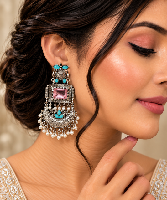 Oxidized Silver Chandbali Earrings with Pink Crystal, Turquoise Stones ASTRIA JEWELLERY