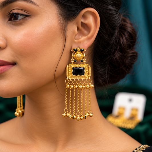 Gold Tone Black Stone Long Chain Dangle Earrings ASTRIA JEWELLERY