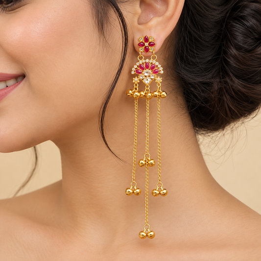 Gold Plated Red Stone Floral Long Chain Dangle Earring ASTRIA JEWELLERY