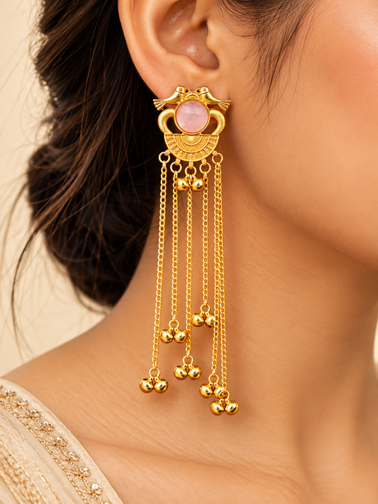 Gold Plated Pink Stone Long Chain Dangle Earrings ASTRIA JEWELLERY