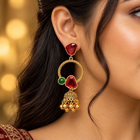 Gold Plated Red Green Stone Jhumka Hoop Dangle Earrings ASTRIA JEWELLERY
