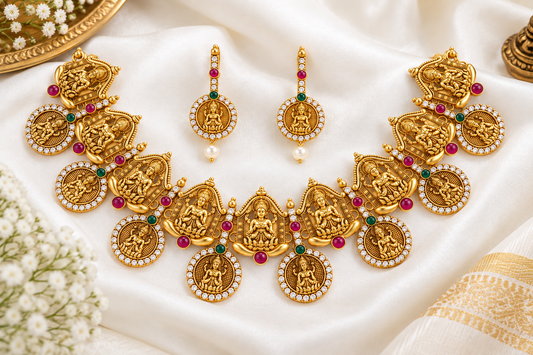 Gold Plated Lakshmi Necklace Set with Ruby Green Stones and Matching Earrings ASTRIA JEWELLERY