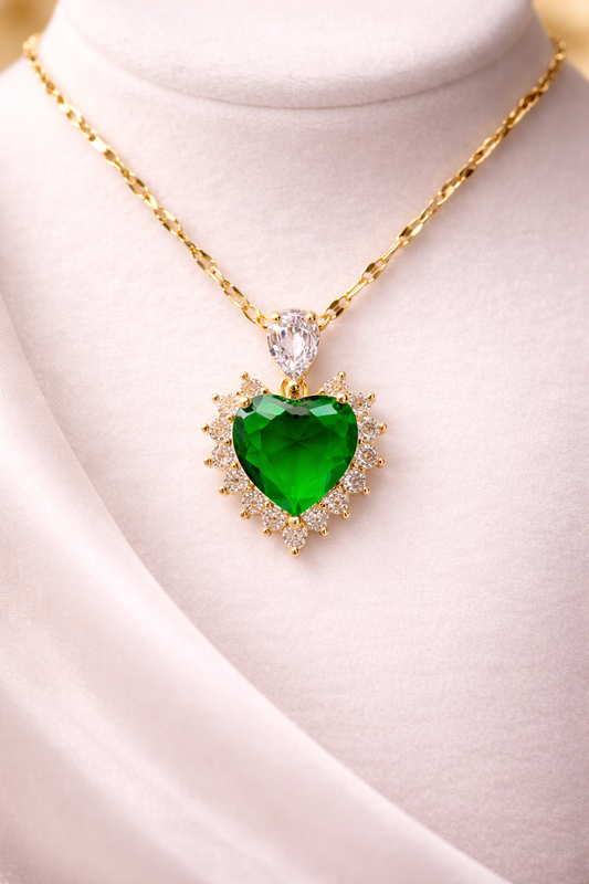 Gold Heart with Green Gemstone Pendant