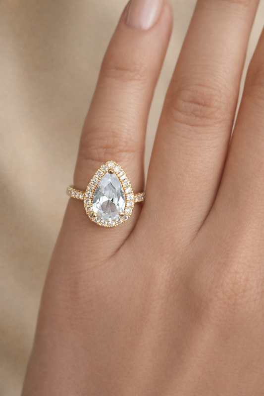 Astria Jewellery Gold Plated Pear Cut CZ Ring for Women – Halo Solitaire Engagement & Promise Ring |18K Gold Plated Stainless Steel, Customizable Astria Jewellery