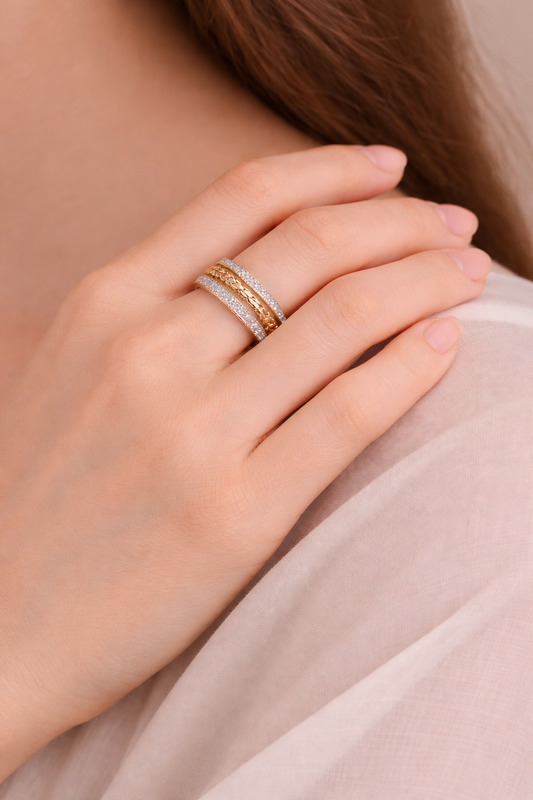 Two-Tone Crystal Band Ring for Women | Gold & Silver Plated Chain Design Ring | Elegant Minimal Wedding & Daily Wear Ring Astria Jewellery