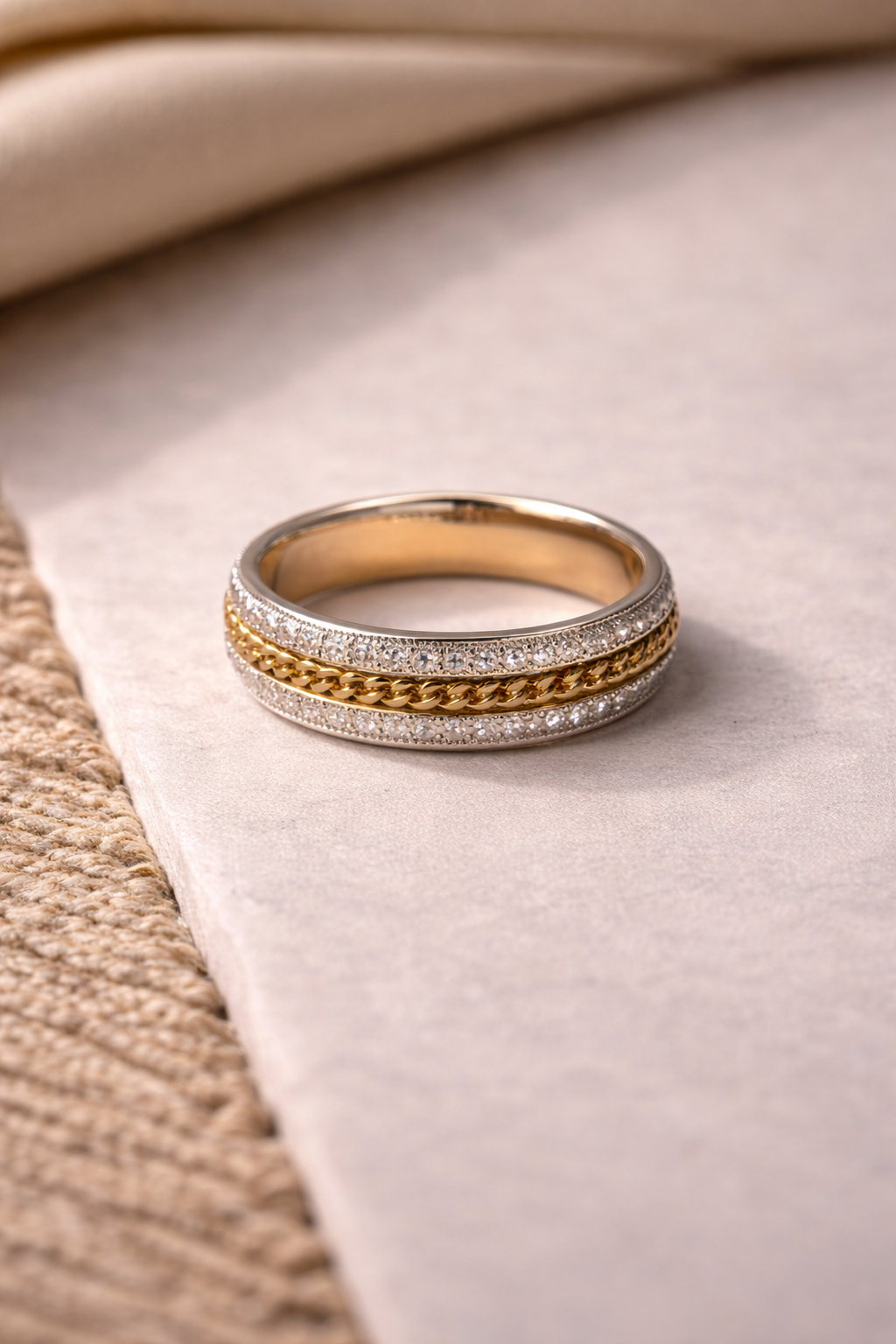 Two-Tone Crystal Band Ring for Women | Gold & Silver Plated Chain Design Ring | Elegant Minimal Wedding & Daily Wear Ring Astria Jewellery