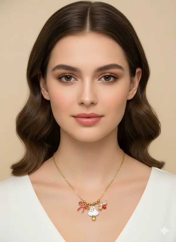 stria Jewellery Gold-Plated Multi Charm Necklace with Bow, Mushroom & Bee – Enamel & Crystal Cute Pendant Necklace