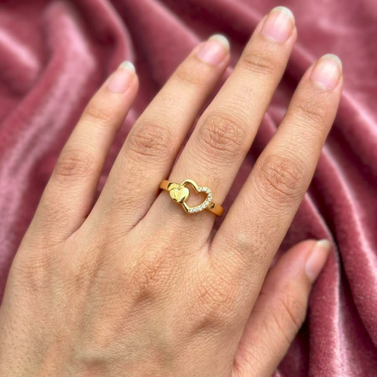 Double Heart Gold-Plated Cubic Zirconia Ring for Women | Romantic Open Heart Statement Ring Astria Jewellery