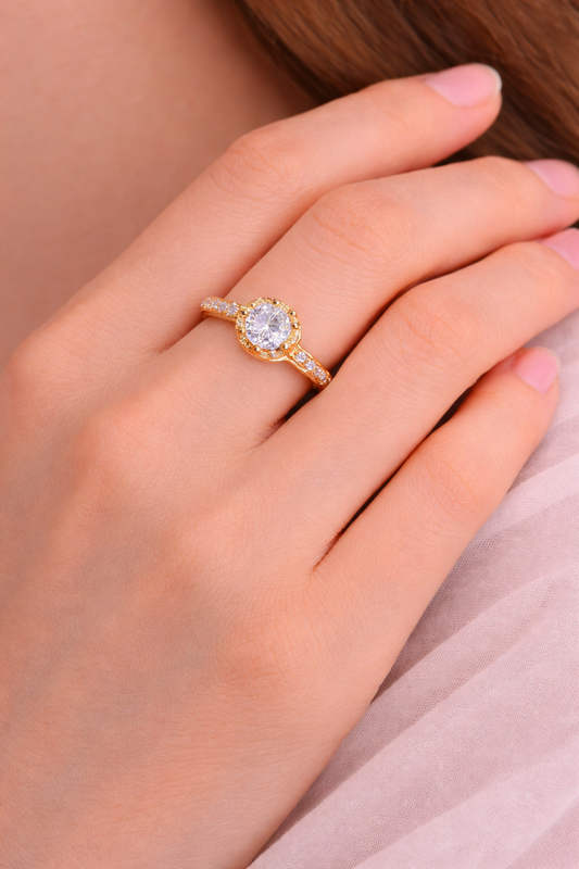 Astria Jewellery White Stone Gold Plated Ring for Women – Floral Design Engagement & Promise Ring |18K Gold Plated Stainless Steel, Customizable