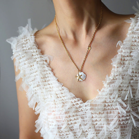 Person wearing a gold necklace with a starfish pendant on a plain background