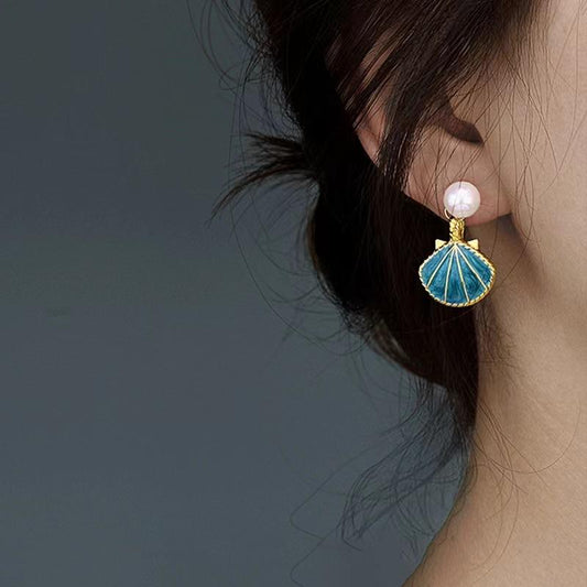 Astria Jewellery Blue Shell Pearl Drop Earrings for Women | Gold Plated Ocean-Inspired Enamel Earrings | Cute Aesthetic Beach Style Jewellery Astria Jewellery