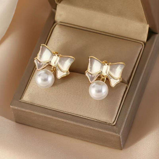 Astria Jewellery Bow Pearl Drop Earrings for Women | Gold Plated Cute Bow Stud with Pearl | Minimal Elegant Earrings for Girls & Daily Wear Astria Jewellery