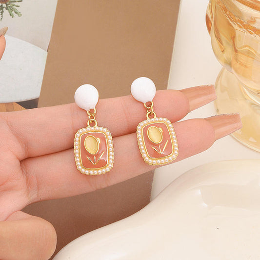 Astria Jewellery Orange Enamel Pearl Drop Earrings for Women | Gold Plated Vintage Statement Earrings | Elegant Retro Style Jewellery for Girls Astria Jewellery