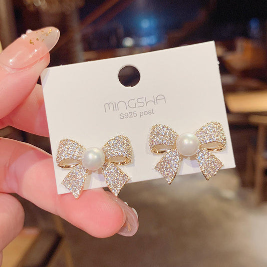 Astria Jewellery Crystal Bow Pearl Stud Earrings for Women | Gold Plated Sparkling Bow Earrings | Elegant Party Wear & Cute Daily Wear Jewellery Astria Jewellery
