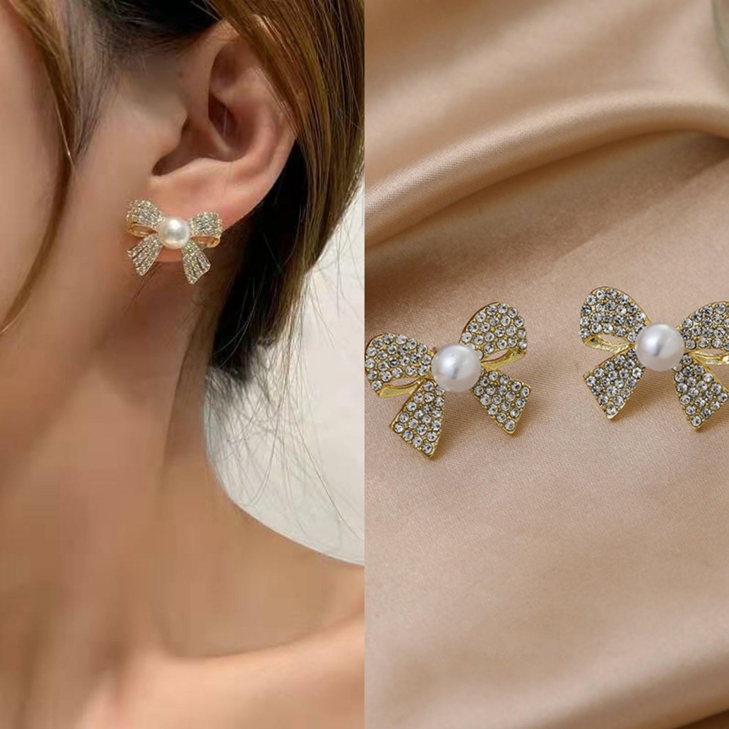 Astria Jewellery Crystal Bow Pearl Stud Earrings for Women | Gold Plated Sparkling Bow Earrings | Elegant Party Wear & Cute Daily Wear Jewellery Astria Jewellery