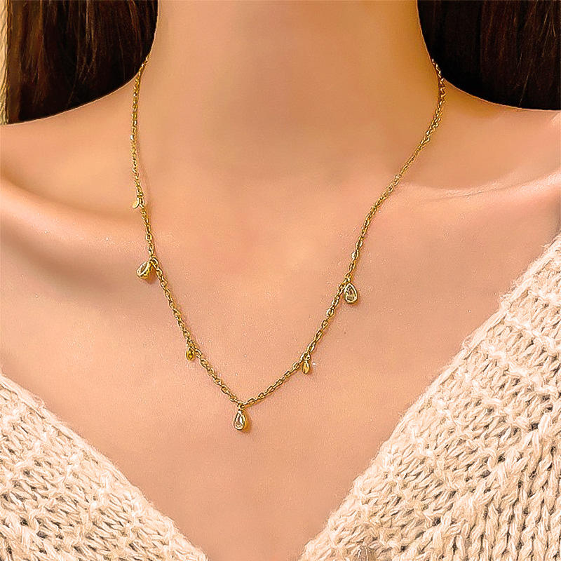 Astria Jewellery Gold-Plated Teardrop CZ Station Necklace for Women | Minimal Crystal Drop Chain Necklace |