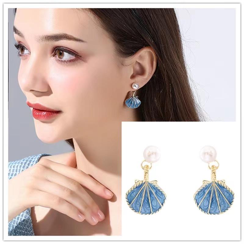 Astria Jewellery Blue Shell Pearl Drop Earrings for Women | Gold Plated Ocean-Inspired Enamel Earrings | Cute Aesthetic Beach Style Jewellery Astria Jewellery