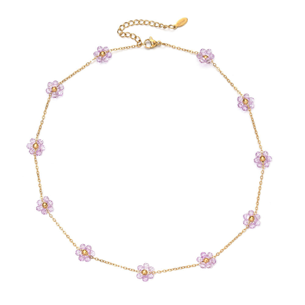 Pink Crystal Flower Station Necklace for Women | Gold Floral Beaded Chain Necklace | Elegant Dainty Necklace